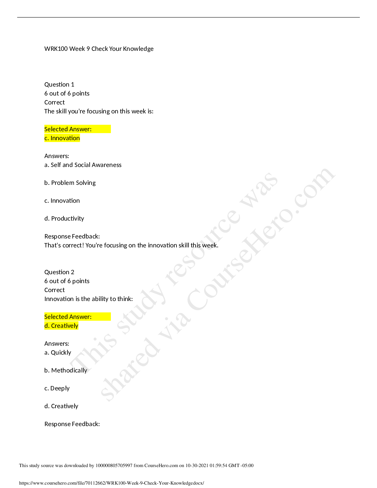 Preview image of WRK 100 Week 9 Check Your Knowledge document